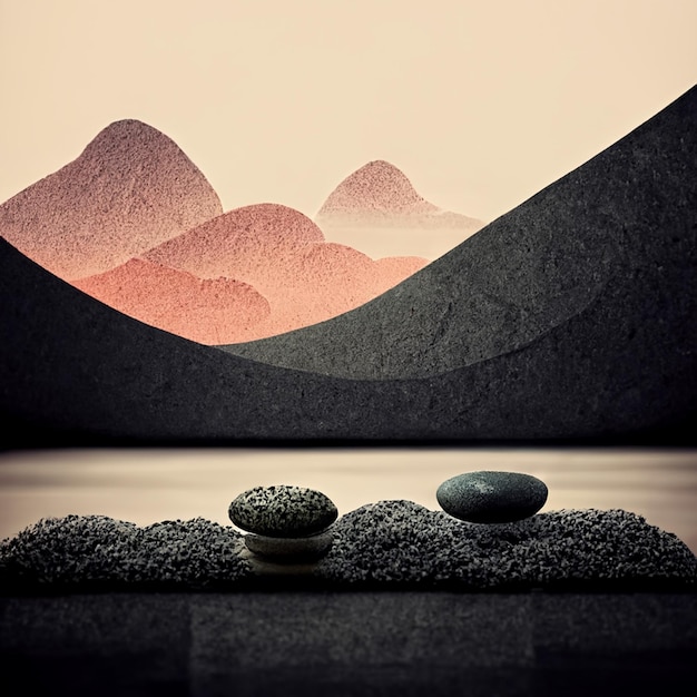 Une peinture de montagnes et une petite pierre avec une pierre au centre.
