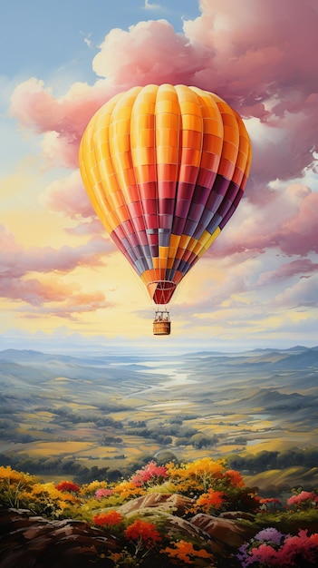 Peinture d'une montgolfière survolant une chaîne de montagnes ai générative