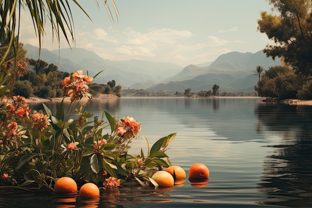 Une peinture montrant un lac niché parmi une variété d'arbres créant un cadre naturel serein et pittoresque AI générative