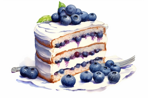 Une peinture d'un morceau de gâteau avec des bleuets dessus