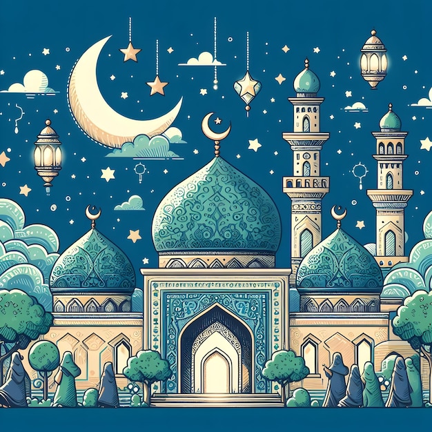 une peinture d'une mosquée avec un ciel bleu et une lune en arrière-plan