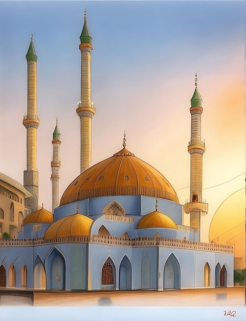 Une peinture d'une mosquée avec un coucher de soleil en arrière-plan