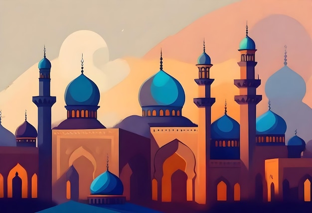 une peinture d'une mosquée avec un coucher de soleil en arrière-plan