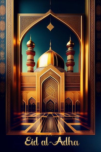 Une peinture d'une mosquée avec un dôme d'or et les mots "la mosquée" sur le fond.