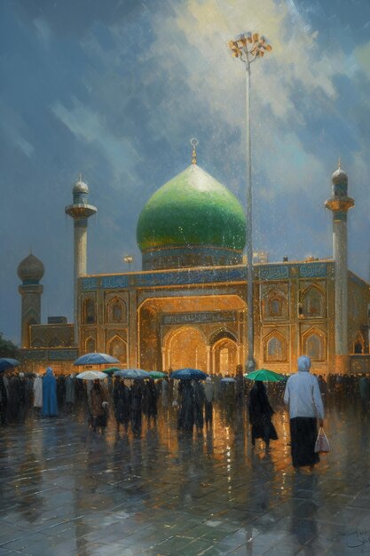 Une peinture d'une mosquée avec un dôme vert et les mots "mosquée nationale" dessus