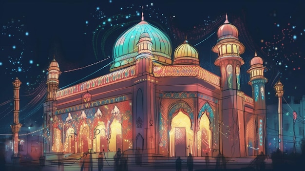 Une peinture d'une mosquée avec des lumières à l'extérieur