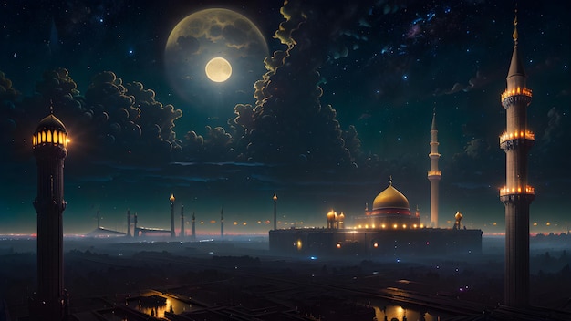 Une peinture d'une mosquée avec la lune en arrière-plan