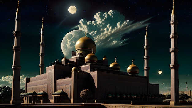 Une peinture d'une mosquée avec la lune en arrière-plan.