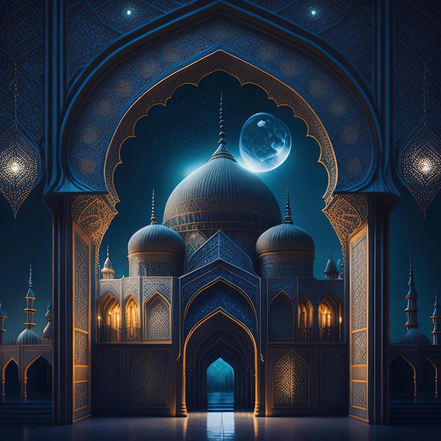 Une peinture d'une mosquée avec une lune en arrière-plan