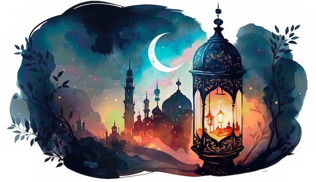 Une peinture d'une mosquée avec la lune en arrière-plan