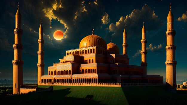 Une peinture d'une mosquée avec la lune derrière elle