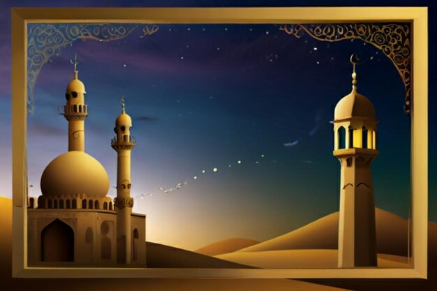 une peinture d'une mosquée avec une lune et des étoiles dans le ciel