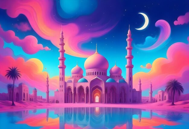 une peinture d'une mosquée avec une lune et des étoiles dans le ciel