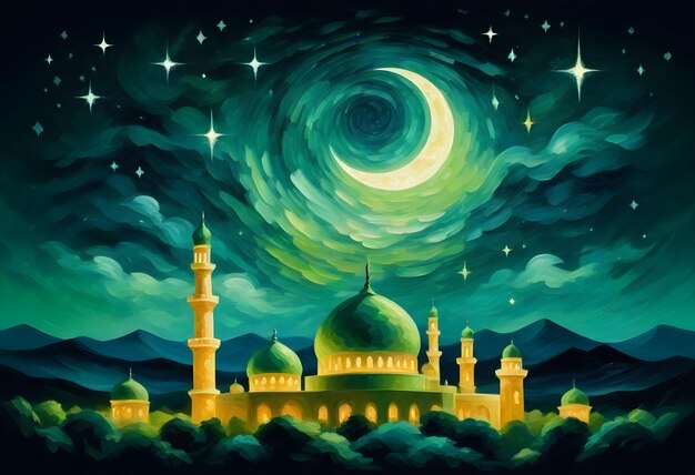 une peinture d'une mosquée avec une lune et des étoiles dans le ciel