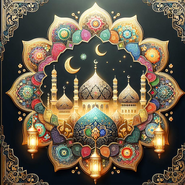 une peinture d'une mosquée avec une lune et une mosquée au sommet