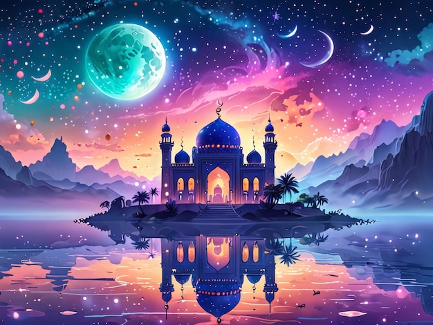 une peinture d'une mosquée avec la lune et les nuages en arrière-plan