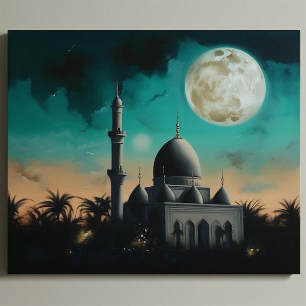 Une peinture d'une mosquée avec une lune pleine en arrière-plan