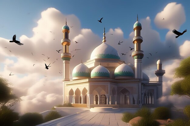 Photo une peinture d'une mosquée avec des oiseaux volant dans le ciel