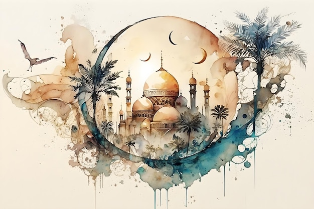 Une peinture d'une mosquée avec un palmier et la lune en arrière-plan.