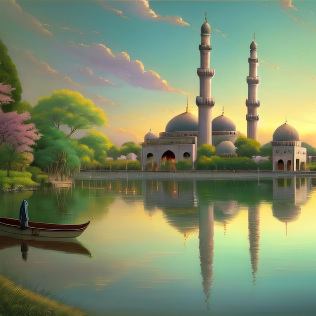 Une peinture d'une mosquée avec une personne dans un bateau sur l'eau.