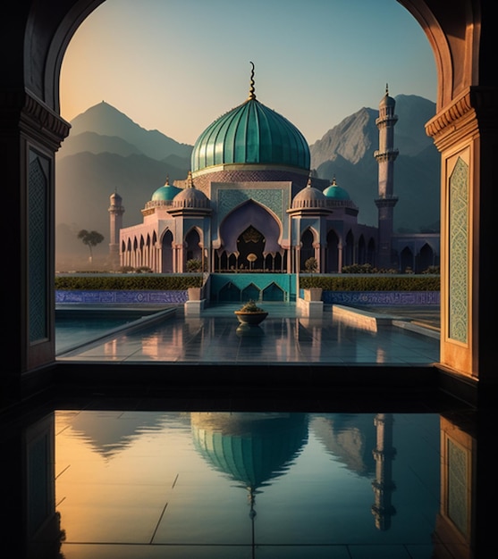 Une peinture d'une mosquée avec le reflet d'une mosquée dans l'eau