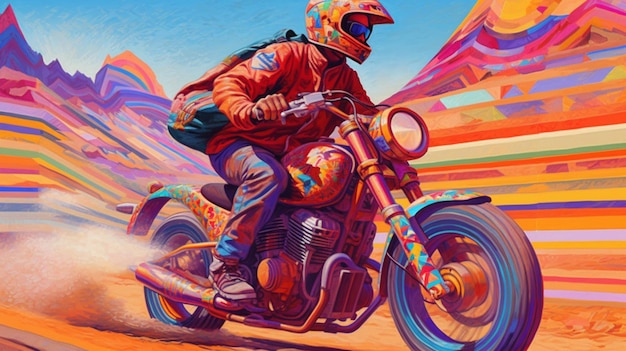 Une peinture d'une moto avec un pilote sur le dos