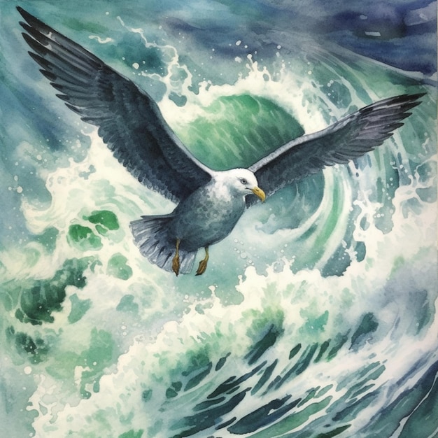 Peinture d'une mouette volant au-dessus d'une vague dans l'océan ai générative