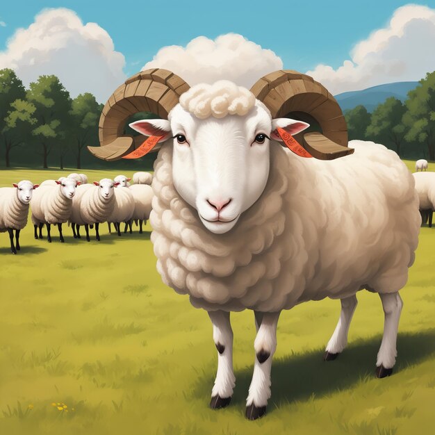 une peinture d'un mouton avec des cornes et les mots moutons.