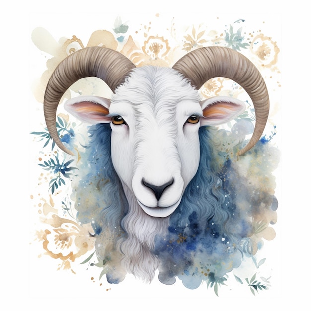 Une peinture d'un mouton avec des cornes et une tête bleue.