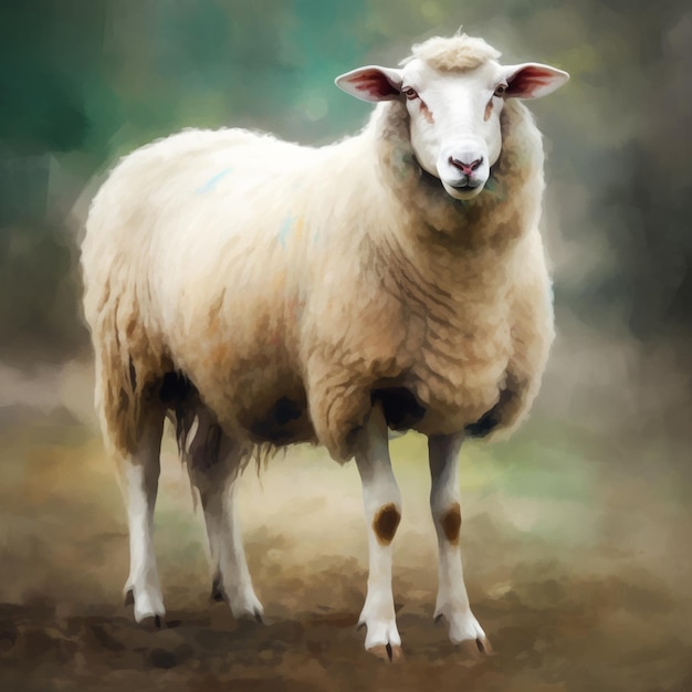 Une peinture d'un mouton avec un fond vert et le mot mouton dessus.