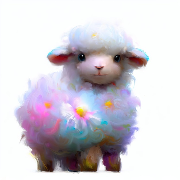 Une peinture d'un mouton avec un visage rose et un corps blanc.