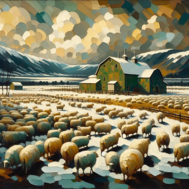 peinture de moutons et d'une grange