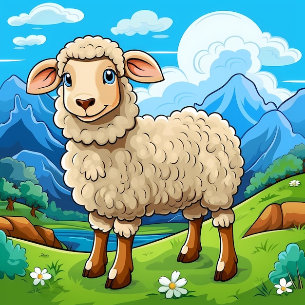 Photo peinture de moutons noirs et blancs dans le style de dessins animés pour enfants