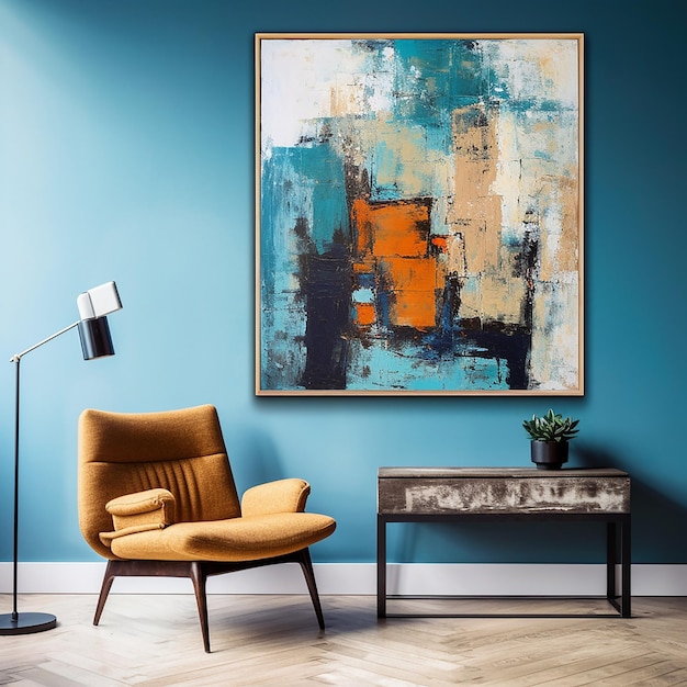 une peinture sur un mur avec une chaise et une lampe.
