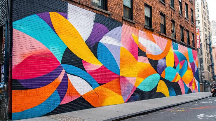 Photo une peinture murale d'art de rue vibrante avec un design abstrait audacieux en couleurs contrastées couvrant le côté d'un bâtiment dans une rue animée de la ville