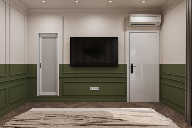 Peinture murale blanche et verte panneau TV avec TV dans le rendu 3D de la chambre moderne