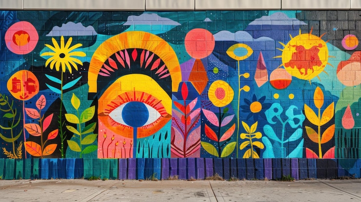 Photo une peinture murale colorée avec des fleurs d'œil et des formes géométriques peintes sur un mur en brique