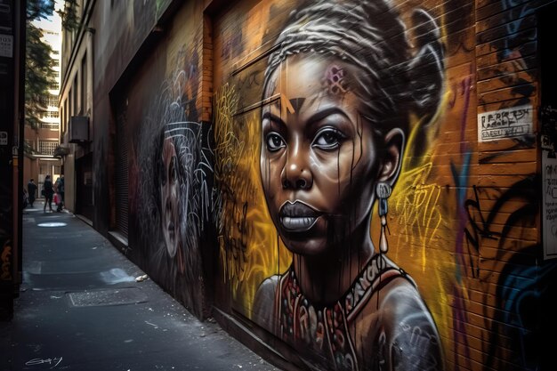 Une peinture murale d'une femme aux cheveux noirs et à la tête noire sur le côté d'un immeuble.