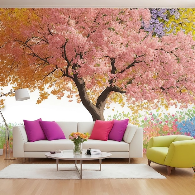 Peinture murale florale d'un arbre avec des feuilles Avec meubles de salon Conception intérieure générée par l'IA
