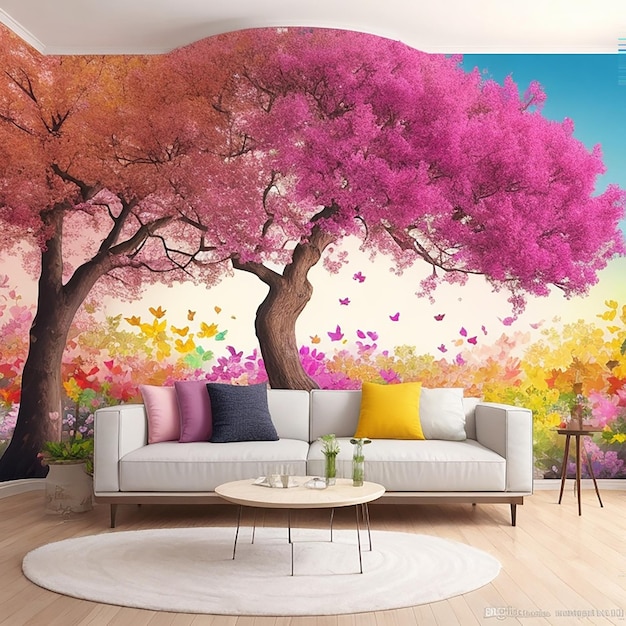 Peinture murale florale d'un arbre avec des feuilles Avec meubles de salon Conception intérieure générée par l'IA