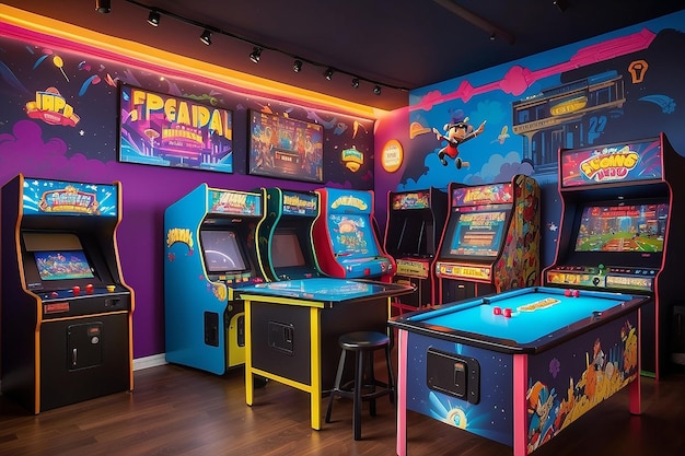 Peinture murale de jeu d'arcade rétro dans un espace de divertissement dynamique