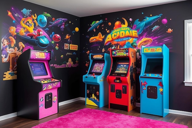 Peinture murale de jeu d'arcade rétro dans un espace de divertissement dynamique