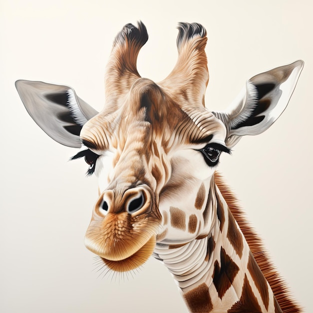 Une peinture murale photoréaliste représentant la tête d'une jeune girafe sur fond blanc Generative AI