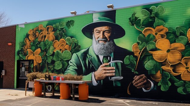 Peinture murale représentant un homme tenant un verre de bière le jour de la Saint-Patrick