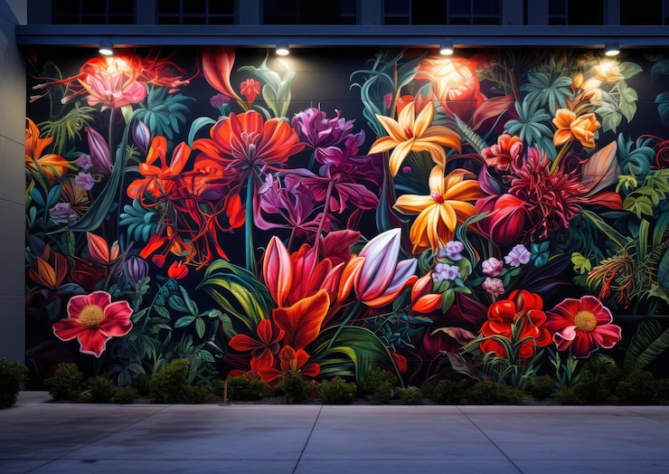 Photo une peinture murale de rue représentant une scène de jardin vibrante et surréaliste avec des plantes et des fleurs