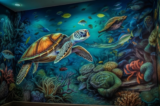 Une peinture murale d'une tortue nageant dans un récif de corail.