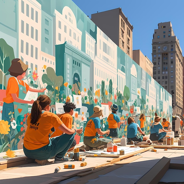 Une peinture murale urbaine lumineuse avec des artistes au travail