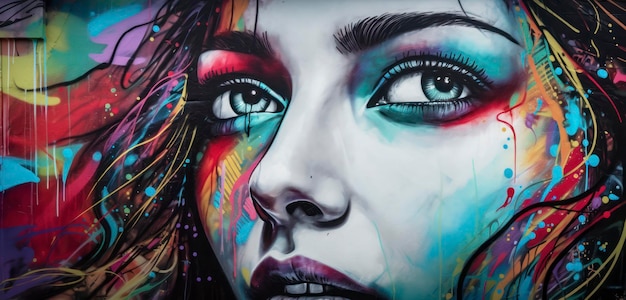 Une peinture murale d'un visage de femme avec un œil bleu et un nez rouge.