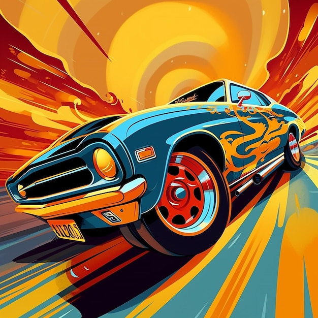 Une peinture d'une muscle car bleue avec une plaque d'immatriculation peinte à la flamme qui dit Ford