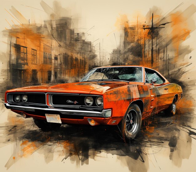 peinture d'une muscle car orange avec un fond de ville ai générative